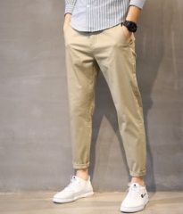 夏季直筒休闲裤男士修身小脚纯棉卡其色弹力潮牌百搭薄款九分裤子